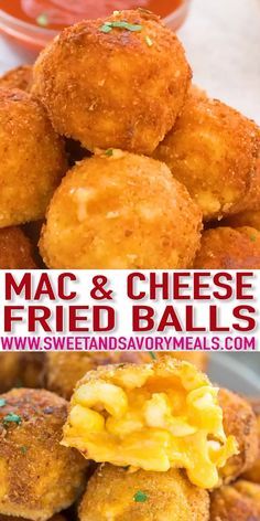 mac and cheese fried balls are piled on top of each other, with the words mac and cheese fried balls above them