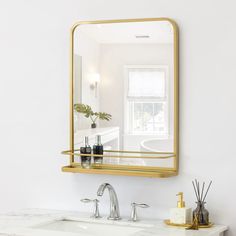 PRICES MAY VARY. Fits Various Decor Themes: This stylish mirror enhances the taste of home decor. The unique frame gives it a stylish and simple look, suitable for any scene, not only a mirror but also a work of art HD Glass And Safety Materials: Our wall mirrors reflect clearly and won't be distorted no matter which angle you look at them. Carefully crafted frames and protective antioxidant paint ensure that the mirrors are rust-proof, shock-proof, and more stable, thus prolonging their lifespa Gold Bathroom Vanity Mirror, Vanity Mirror Rectangle, Gold Bathroom Mirror, Rounded Wall, Gold Vanity Mirror, Farmhouse Bathroom Mirrors, Arched Window Mirror, Mirror Rectangle, Amazon Bathroom