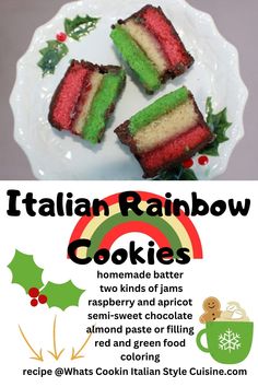 italian rainbow cookies on a white plate with holly