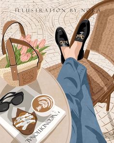 a woman's feet resting on a table with coffee, cake and flowers in front of her