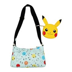 Carry your love for Pokemon wherever you go with this charming women's light blue handbag. The bag features all-over print showcasing the adorable faces of Eevee, Squirtle, Bulbasaur, Charmander, and Pikachu, bringing a playful and nostalgic touch to your style. Accompanying the bag is a coin purse shaped like Pikachu's head, adding an extra dose of cuteness to the ensemble. The handbag comes with an adjustable shoulder strap for convenience and versatility. With dimensions of 10.25" L x 6" H x Novelty Multicolor Bag For Everyday Use, Fun Crossbody Shoulder Bag For Travel, Playful Everyday Crossbody Shoulder Bag, Playful Crossbody Shoulder Bag For Daily Use, Playful Crossbody Shoulder Bag For Everyday Use, Novelty Portable Travel Bag, Kawaii Light Blue Bags For Everyday Use, Kawaii Light Blue Bag For Everyday Use, Light Blue Kawaii Bag For Everyday