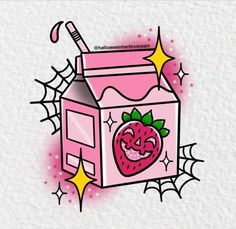 a pink box with a strawberry on it and spider webs around the outside,