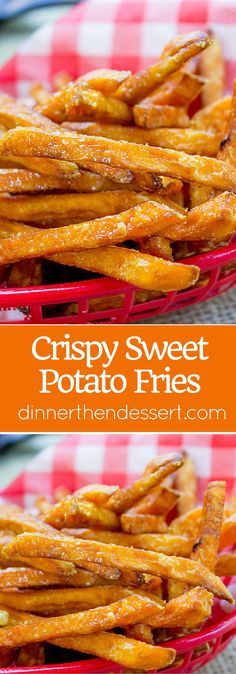 crispy sweet potato fries in a red basket on a checkered tablecloth with text overlay