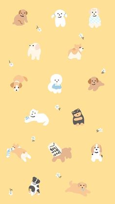 many different types of dogs and cats on a yellow background with white stars in the sky