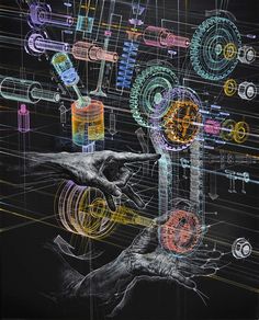 an artistic drawing of a person's hand holding a wrench in front of mechanical drawings