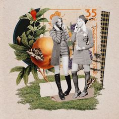 two women standing next to each other in front of a collage of fruit and flowers