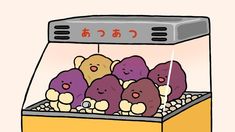 a drawing of an oven filled with different kinds of food in it's display case