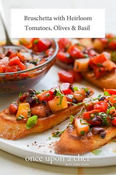 a white plate topped with pizza slices covered in toppings next to a bowl of salsa