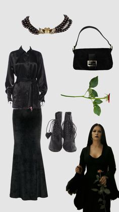 a woman is dressed up in black and holding a rose, shoes, handbag, and purse