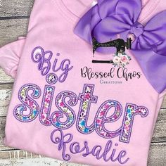 "#BIGSISSTATUS! This adorable big sister shirt can be customized with fabric choices and colors to fit the newest big/middle/litte sister's personality! You can change the \"big\" to accommodate for \"middle\" or \"little\" sister as well. Please specify in notes to seller.  This design is pictured on a bubble gum pink ruffle shirt, but can be changed to any available color. Let me know if you need another color shirt. White shirts will be used if another color is not specified. You will receive a message letting you know prior to completion of the order if substitutions are needed.  The appliquéd fabric colors will be similar to fabrics in the picture, unless otherwise noted in info to seller. I can accommodate most color choices. To customize this design with a name please leave in notes Customizable Purple Cotton T-shirt, Big Sister Shirts, Cricket Shirts, Baby Birthday Shirts, Matching Sibling Shirts, Big Sister Little Sister, Boutique Shirts, Mermaid Shirt, Sibling Shirts