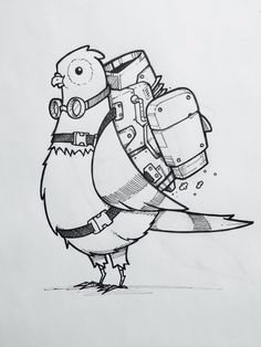 a drawing of a bird with a backpack on it's back