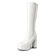 White Knee High Boots Outfit, Chunky Knee High Boots, White Gogo Boots, Heeled Knee High Boots, White Knee High Boots, Knee High Platform Boots, Boots Long, Boots For Fall, Gogo Boots