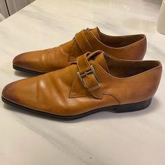 Men’s Dress Shoes In Pretty Good Condition With Few Minor Scratches Made In Spain Brown Monk Strap Shoes With Almond Toe, Brown Almond Toe Monk Strap Shoes, Cognac Monk Strap Shoes With Round Toe For Business, Designer Brown Dress Shoes For Business Casual, Designer Brown Dress Shoes For Business, Magnanni Shoes Men, Shoes Men, Pretty Good, Dress Shoes Men