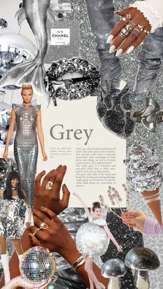 a collage of silver and black images with text that says grey on the bottom