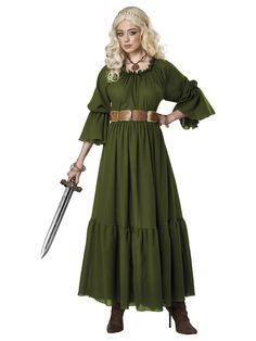 Live the life of a hard-working yet stunning peasant girl this Halloween when you get dressed up in our Olive Renaissance Peasant Chemise Costume for Women. With your purchase, you will receive a gorgeous olive green dress with a styled ruffle design on the sleeves and skirt. Pair this look with a small dagger and a wig from our site, and you'll be ready for whatever comes your way this Halloween. Buy your peasant girl costume today! Olive Colored Dress, California Costumes, Ren Fest, Chemise Dress, Olive Green Dresses, Medieval Costume, Forrest Gump, 1st Century, Costumes Ideas