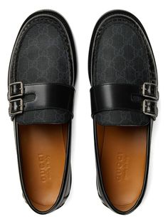 Step out in style and comfort with these leather loafers. The GG jacquard fabric detail and lateral silver buckles add a touch of elegance to any outfit, while the round toeline ensures a comfortable fit all day long. Made of 100% calf leather for durability and a luxurious feel Stylish and versatile design that pairs well with both casual and formal attire Provides a sophisticated look without sacrificing comfort | Gucci Men's Leather Loafers in Black | Size UK 7 | 76231217X30 Color 1000 Black Lace Up Shoes, Black Leather Loafers, Mens Black Leather, Leather Cap, Jacquard Fabric, Gucci Men, Leather Items, Leather Loafers, Lanvin