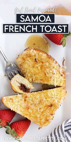 a white plate topped with french toast covered in cheese and strawberries next to a fork