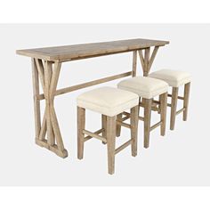 the table and stools are made out of wood with white upholstered seats