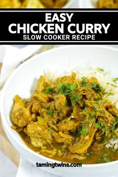 easy chicken curry slow cooker recipe in a bowl with rice and cilantro