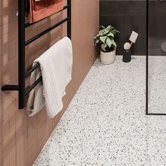 a bathroom with black and white speckles on the floor, shower curtain, towel rack, potted plant and toilet paper roll