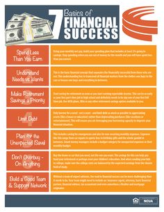 the 7 stages of financial success info sheet with money on each side and words below it