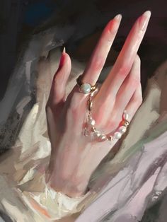 a painting of a woman's hand with rings and pearls on her fingers, wearing a white shirt