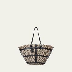 Altuzarra tote bag in woven natural palm leaf and cactus leather Braided shoulder straps  Approx. 13.5"H x 25"W x 11.5"D "Watermill" is made in Mexico Rectangular Natural Bucket Bag With Intrecciato Weave, Rectangular Bucket Bag With Intrecciato Weave For Vacation, Rectangular Intrecciato Weave Bucket Bag For Vacation, Natural Bucket Bag With Intrecciato Weave, Natural Straw Bag With Intrecciato Weave And Top Handle, Luxury Handwoven Straw Bag With Double Handle, Luxury Natural Straw Bag With Braided Handles, Luxury Natural Basket Shoulder Bag, Vacation Bucket Bag Tote With Intrecciato Weave