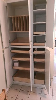 an empty pantry with shelves and drawers in it