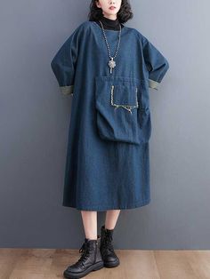 Sku CY-!125365 Material < 30% Polyester , Denim , >70%Cotton Style Loose , A-line , Long Sleeves Feature Pockets , Fringed , Split-joint Neckline Round-neck Occasion Vintage , Leisure Fashion Seasons Spring , Autumn Type Midi Dresses Color BLUE Size M,L,XL,2XL Please consult the size chart we provide for this item's measurements to help you decide which size to buy.Please note: There may be 1-3cm differ due to manual measurement. CMINCH Bust Raglan Sleeve Length Sleeve Opening M 132 62 110 32 L Casual Patchwork Dark Wash Dresses, Blue Patchwork Casual Denim Dress, Casual Long Sleeve Patchwork Denim Dress, Blue Patchwork Denim Dress Knee-length, Spring Crew Neck Dress With Pockets, Knee-length Blue Patchwork Denim Dress, Casual Blue Denim Patchwork Dress, Blue Denim Winter Dress, Casual Patchwork Denim Dress For Fall