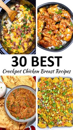 the 30 best crockpot chicken entrees are on display in this collage