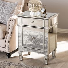 Baxton Studio Claudia Hollywood Regency Glamour Style Mirrored Nightstand FredCo Hollywood Regency Mirror, Nightstand Styling, Mirrored End Table, Entry Furniture, Style Nightstand, Headboard Decor, Glamour Style, Mirrored Nightstand, Baxton Studio