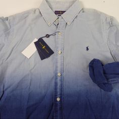 Polo Ralph Lauren Shirt Long Sleeve Button Up From Rl Dip Dyed / Ombr Design Classic Fit Soft Chambray Denim Fabric Long Sleeve W Button Cuffs Button Down Collar Approx. Chest Across Front: Xl: 25.5” Length About 34” Top To Bottom Brand New With Tags Pricing Is Fair And Quite Firm . Please Let Us Know If You Have Any Questions. Blue Pre-washed Tops For Spring, Spring Blue Pre-washed Tops, Spring Blue Pre-washed Top, Fitted Washed Blue Shirt With Buttons, Fitted Washed Blue Shirt, Faded Washed Casual Shirt, Casual Washed Faded Shirt, Long Sleeve Washed Shirt For Summer, Casual Faded Washed Shirt