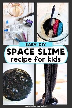 Slime ingredients with glass measuring cup, food coloring, glitter, and clear glue and glass bowl, and examples of black space slime with colorful glitter. Space Theme Science Activities, Space Party Activities For Kids, Stem Space Activities For Kids, Fun Space Activities For Kids, Outer Space Sensory Bin, Space Sensory, Space Day, Space Activities For Kids Preschool, Space For Kids