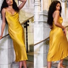 New With Tag Gold Midi Dress For Summer Dinner, Yellow Midi Length Slip Dress For Party, Gold Satin Midi Dress For Date Night, Gold Midi Dress For Date Night, Zara Yellow Midi Dress For Evening, Zara Gold Evening Dress, Zara Yellow Dress For Night Out, Chic Gold Midi Slip Dress, Gold Midi Length Slip Dress For Evening