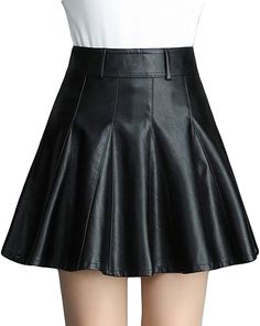 Flygo Women's Casual High Waist PU Faux Leather Flared A-Line Pleated Mini Skirts  Mini skirt outfit | Short skirt outfit I get commissions for purchases made through links in this post. #ad  Mini Skirt Outfit Pleated Outfit, Leather Mini Skirt Outfit, Pleated Mini Skirts, Leather Skater Skirts, Denim Skirts Knee Length, Mini Skirt Style