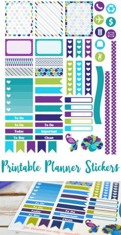 the printable planner stickers are shown in purple, blue and green colors with butterflies