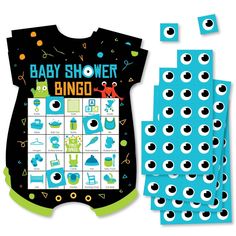 a baby shower game with blue and green onesuits next to it's matching stickers