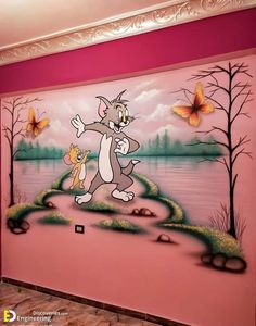 a painting on the wall of a pink room with a cat and dog in it