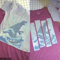 two t - shirts with godzillas on them, one is pink and the other is grey