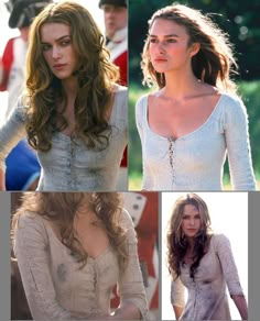 four pictures of the same woman in different outfits, one with long hair and one without