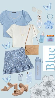 Summer #outfitinspo #ootd #blue #outfit #summer #summeroutfit Blue Outfit Summer, Blue Floral Print Summer Cover-up, Shuffles Summer, Soft Autumn Palette, Autumn Palette, Soft Autumn, Blue Outfit, Outfit Summer