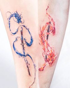 two tattoos on the legs of people with scissors and fire in their butts,