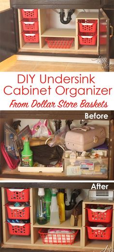 the before and after pictures of an undersink cabinet organizer from dollar store baskets