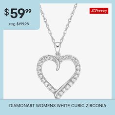 Features: Quick ShipJewelry Closure: Spring Ring ClaspLink Construction: SolidSetting: ProngShape: HeartStone Cut: RoundMetal Color: WhiteChain Length: 18 InchPendant Length: 27mmPendant Width: 19.3mmChain Construction: RopeCare: Wipe CleanStone Type: 25 Cubic ZirconiaMetal: Sterling SilverNecklace Type: Pendant NecklacesCountry of Origin: Imported Formal Heart Necklace In Cubic Zirconia, Diamond White Open Heart Jewelry, Formal Heart Cut Necklace, White Cubic Zirconia Open Heart Jewelry, Wedding Heart Necklace In Diamond White, White Diamond Heart Charm Jewelry, White Diamond Jewelry With Heart Charm, Heart Cut Diamond Necklace For Valentine's Day, Diamond Cut Heart Necklace