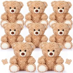 a bunch of brown teddy bears sitting next to each other on a white background,