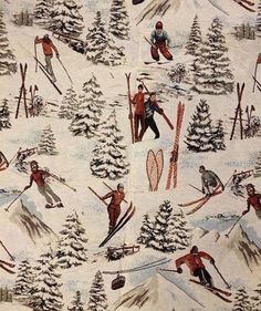 the skiers are skiing down the snowy mountain side pattern on this white fabric with trees and mountains in the background