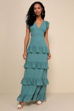 Elegant Mentality Teal Blue Ruffled Tiered Cutout Maxi Dress Fitted V-neck Maxi Dress With Ruffles, Fitted Lined Tiered Dresses, Fitted Tiered Maxi Dress With Ruffle Hem, Flirty Fitted Maxi Dress With Ruffles, Flirty Fitted Tiered Maxi Dress, Blue Fitted Maxi Dress With Ruffled Straps, Fitted Blue Maxi Dress With Ruffle Hem, Fitted Maxi Dress With Ruffled Straps, Fitted Green Tiered Maxi Dress