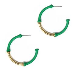 Dazzle with these Green and Gold Bamboo Hoops featuring a vibrant color coating. These lightweight hoop earrings are perfect for adding a pop of color to any outfit while remaining comfortable to wear. Elevate your style with these trendy, statement earrings. Lead and Nickel free. Cheap Statement Green Hoop Earrings, Luxury Green Modern Hoop Earrings, Elevate Your Style, Green And Gold, Statement Earrings, Color Pop, Vibrant Colors, Hoop Earrings, Green