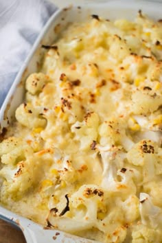 a casserole dish filled with macaroni and cheese