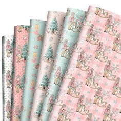 six different patterns of fabric with animals and christmas trees on them, all in pastel colors